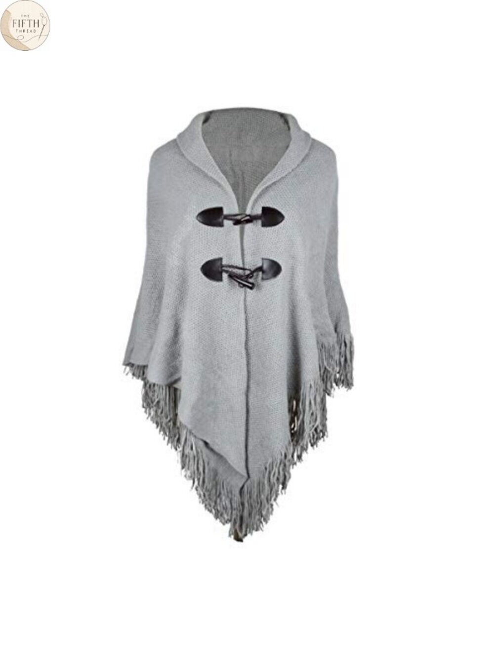 Acrylic Knit Poncho Wrap with Trumpet Button & Fringe, One Size